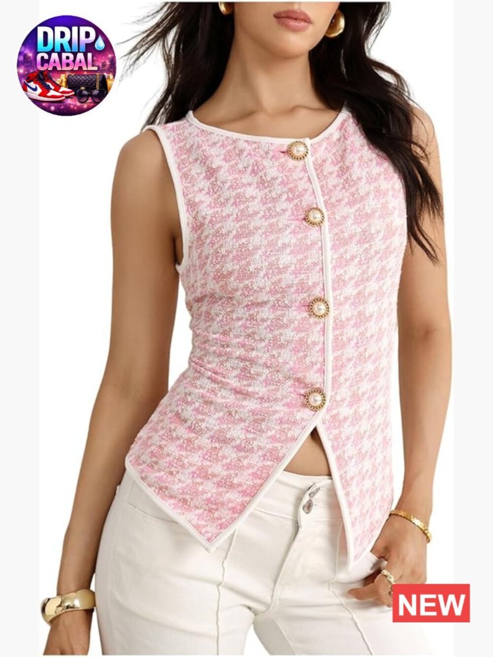 Houndstooth Plaid Vest Button Front Sleeveless Blouse Tops for Work Office